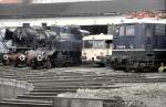 Nrdlingen railway museum with engines: 110 005-6 (E 10 005), VT 98 of ex Bad Hersfelder Kreisbahn, steam locomotive TG 7 of Tegernseebahn, and 41 364, October 1990.