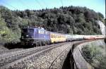 110 225-0 with Eurocity  Mozart  from Vienna to Paris at the middle of its way at Geislinger Steige, September 28th, 1985.