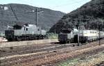 194 084-4 and 194 133-5 are waiting for tasks, 111 040-2 is pushing a local train, Geislingen / Steige, September 14th, 1987.
