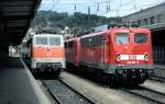 140 357-5 and annother 140; and 111 181-4 with a local train at Ulm, May 27th, 1998.