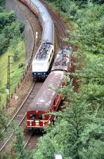 465 006-5 and 111 with special Intercity  Helfenstein  with parallel drive at Geislinger Steige, June 26th, 1983.