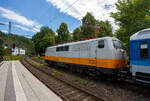 The 111 049-3 (91 80 6111 049-3 D-GfF) of GfF - Gesellschaft f�r Fahrzeugtechnik mbH (Crailsheim) is running on July 2, 2026, with an empty train consisting of two former InterRegio second-class coaches with multipurpose compartments (class Bimdz) th ...