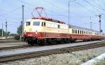 112 501-2 with special part of Rheingold, part Mannheim to Munich, at Nürnberg-Langwasser 150 years railway in Germany, September 14th, 1985.