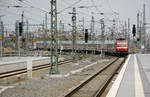 DB Class 120 115-1 arriving at Leipzig Central Station May 1st 2017 - The locomotives' prototypes, delivered in 1979 (Mark 120.0), were one of the first electric locomotives with three-phase motors.