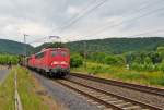 . 140 double header is hauling a goods train on the Mosel track near Winningen on June 20th, 2014.