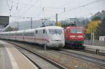 143 645-0 is waiting while ICE 1 no 401 517-8 is passing Amstetten, Oct. 7th, 2010.