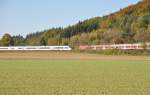 Meeting of ICE 3 and 143 845-6 with local train between Urspring and Amstetten, Oct. 12th, 2010.
