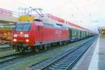 Darkness descents on Basel badischer Bahnhof when DB 145 061 passes with a northbound KLV on 24 September 2010.