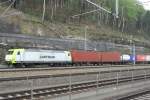 Captrain 145 094 has entered Bad Schandau with an intermodal train on 11 April 2014.