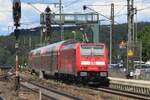 DB regio 146 235 pushes an RE to Plochingen out of Amstettem (Württemberg) on 9 July 2022.