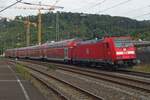On 14 September 2019 DB 146 212 pushes a regional traion to Stuttgart out of Plochingen.