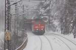 151 126-0 with a goods train at Geislinger Steige; pushing help was done by 151 159-1, February 13th, 2009.