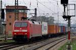 On 3 April 2017 DBC 152 010 hauls a container train  bound for Salzburg-Gnigl through Rosenheim.