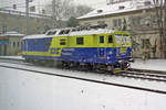 Former DR 180 018 stands in  a snowy Decin on 2 January 2017.