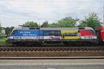 DB 182 016 wears an advertising livery for regional transport in the Dresden area at Pirna on 23 May 2015.
