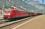 Steel train headed by 185 127 pauses at Erstfeld on 6 June 2015.