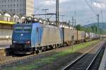 On 2 June 2012 Alpha Trains 185 535 speeds through Koblenz Hbf.