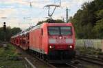 From the platform's end DB cargo 185 051 with a car carrying train was photographed at Viersen on 23 September 2026. The usual breakdowns and service cuts by Eurobahn on the M�nchengladbach-Venlo relation gave your photographer an extra hour of train spotting.