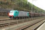 Coal train, headed by 186 127 speeds through Bad Schandau on 11 April 2014.
