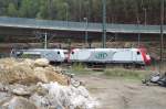 On 10 April 2014, at about 19;00, ITL 185 649 (front loco) and 185 548 stood stabled at Bad Schandau.