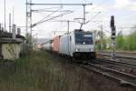 Railpool 186 141 leaves Pirna yard on 11 April 2014 -the photo was shot from the platform of the station.