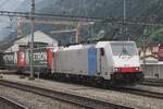 On 4 June 2014 BLS mercenary 186 251 hauls the Wetron intermodal train through Erstfeld toward Basel and hence forth to Kaldenkirchen.