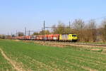 DBC locomotive 186 115 hauling a coils train, is passing in Sint-Martens-Voeren, 27/3/2025