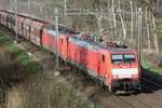 Coal train headed by 189 065 passes throguh Tilburg Oude warande on 21 February 2021.