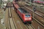 DBC 189 055 hauls an empty car transporter train through Dresden on 7 April 2018. The photo was taken from the bridge that carries the Budapester Strasse across the railway throat that leads into Dresden Hbf from the direction of Dresden-neustadt.