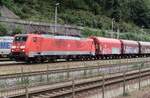 Steel train with 189 001 at the helms passes a Metrans container train at Bad Schandau on 9 September 2022.