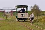 . The heritage waggon N 21 is entering into the station of the Museumspferdebahn Spiekeroog on October 9th, 2014.