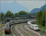 Swiss and german trains pictured at Interlaken Ost on July 30th, 2008.