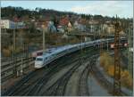 A DB ICE is approaching Ulm Main Station.