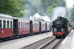 Steam locomotive 99 2321-0 »Molli« at Heiligendamm Station in Mecklenburg-Vorpommern, ready for departure to Bad Doberan. On the track to the left, the oncoming train is heading towards Kühlungsborn. Date: 7th June 2025.