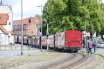 The train winds its way through the streets of Bad Doberan on the Mecklenburgische Bäderbahn between Bad Doberan and Kühlungsborn.