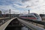 Here 411 081-2  Horb am Neckar  as ICE1533 from Cologne main station to Berlin Ostbahnhof with 411 077-0  Rathenow  as ICE1543 from Cologne main station to Berlin Ostbahnhof. Berlin main station, 25.2.2012.