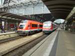 Two regional trains are standing in Frankfurt(Main) central station on August 23rd 2013.