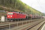 DB Kndelpresse 180 012 hauls a mixed freight through Bad Schandau on 11 April 2014.