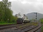 With 2 hours late on 06.05.2012, now in full rain. Came the steam locomotive 23 042, from the railway museum in Darmstadt-Kranichstein tender ahead from Gießen to the station Herdorf.