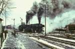 Two steam locomotives (type 44) at the station of Lingen (Germany/1974)