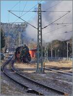 After the steam locomotive 58 311 with its steam train from Seebrugg has reached the station of Tittisee, the steam locomotive shunts to subsequently pull its train back to Seebrugg.