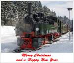 Merry Christmas and a Happy New Year  

I myself wish for peace all over the world!

The picture:
The Jung-Malletlok 99 5902 on 23.03.2013 at the stop in in the station of Schierke.
The locomotive was built ad 1898 by Arnold Jung Locomotive Factory in Jungenthal at Kirchen/Sieg under the serial number 261.