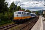 The 111 049-3 (91 80 6111 049-3 D-GfF) of GfF - Gesellschaft f�r Fahrzeugtechnik mbH (Crailsheim) is running on July 2, 2026, with an empty train consisting of two former InterRegio second-class