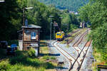 The track maintenance vehicle 'Hummel' 746 014 (99 80 9110 014-4 D-DBMP)—a Plasser & Theurer GAF model based on the MISS platform, operated by DB InfraGO Network Maintenance (formerly DB Netz AG)—was in operation at Herdorf station on Jun ...