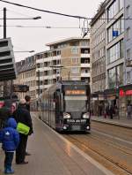 . Tram N° 0758 is arriving at the stop Rathaus in Braunschweig on January 3rd, 2015.