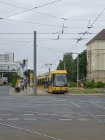 A tram of the line 2 is driving near the Glcksgas-Stadion in Dresden on August 9th 2013.