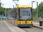 A tram line 1 to Leutewitz is arriving on the  Straburger Platz  on August 9th 2013.