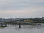 A tram is driving on the Carolabrcke in Dresden on August 9th 2013.