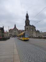 A tram (line 9) is driving on the Augustusbrcke in Dresden on August 9th 2013.