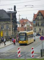 A tram (line 8) is driving on the Augustusbrcke in Dresden on August 9th 2013.
